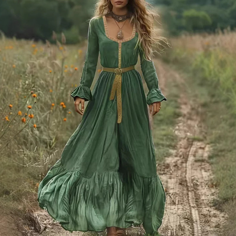 Women's Boho Long Sleeve Flowy Maxi Dress - Backless Beach Dress