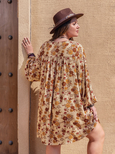 Tan Plus Size Printed V-Neck Balloon Sleeve Mini Dress