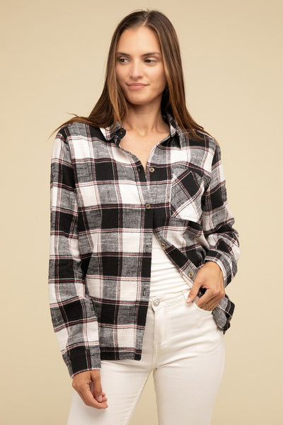 Cotton Plaid Shacket With Front Pocket - Fashions Envy