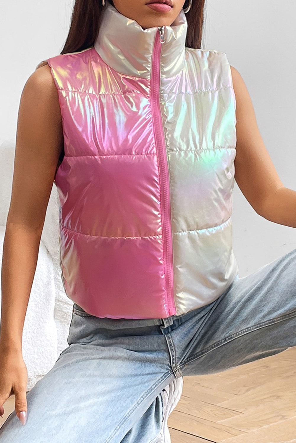 Turtleneck Color Block Sleeveless Vest - Fashions Envy