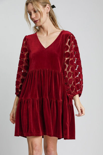 Burgundy Dotted Lace Sleeve Tiered Velvet Mini Dress