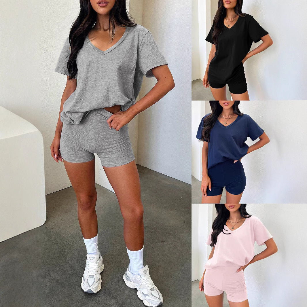 V-neck Casual Temperament Pure Color Biker Shorts Set