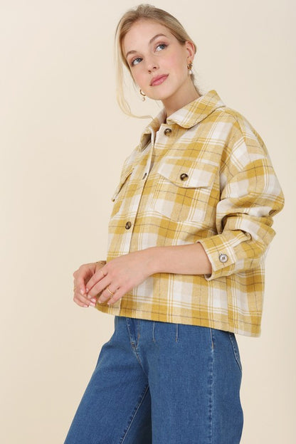 Plaid Cropped Drop Shoulder Shacket with Pockets