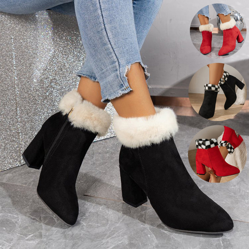 Plaid Ankle Boots - Furry Lined Square Heel Winter Boots