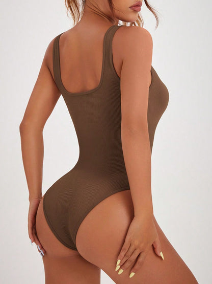 Scoop Neck Wide Strap Active Bodysuit - Fashions Envy