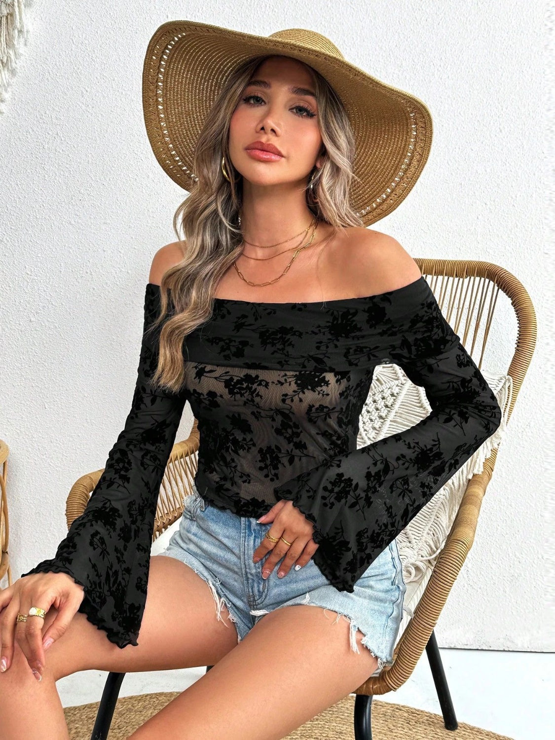 Off-Shoulder Flare Sleeve Lace Top