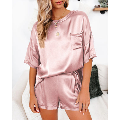 Silk Pajama Set - Short Sleeve Sleepwear Loungewear