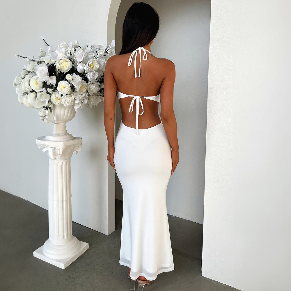 Women's Ruffled V Neck Halter Maxi Dress - Slim Fit Sling - Fashions Envy