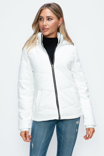 White Pocketed Zip Up Puffer Jacket with Removable Hood