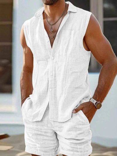 Men's Plus Size Casual Button Up Vest & Shorts Set