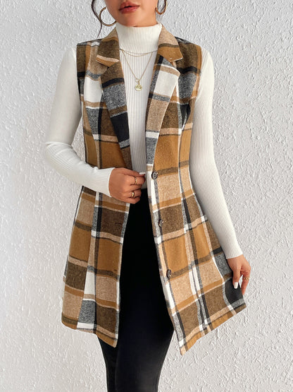 Honey Plaid Lapel Collar Vest - Fashions Envy