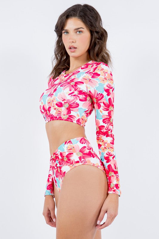 Long Sleeve Floral Print Ruched Bottom Bikini Swimwear