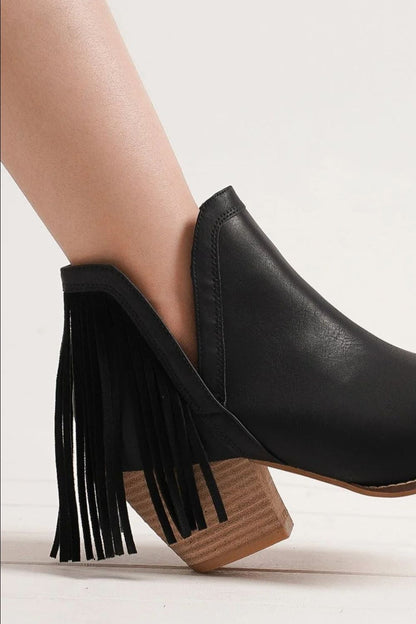 Black Fringe Side V-Cut Ankle Booties