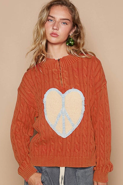 Orange-Red Cable-Knit Peace Patch Dropped Shoulder Sweater