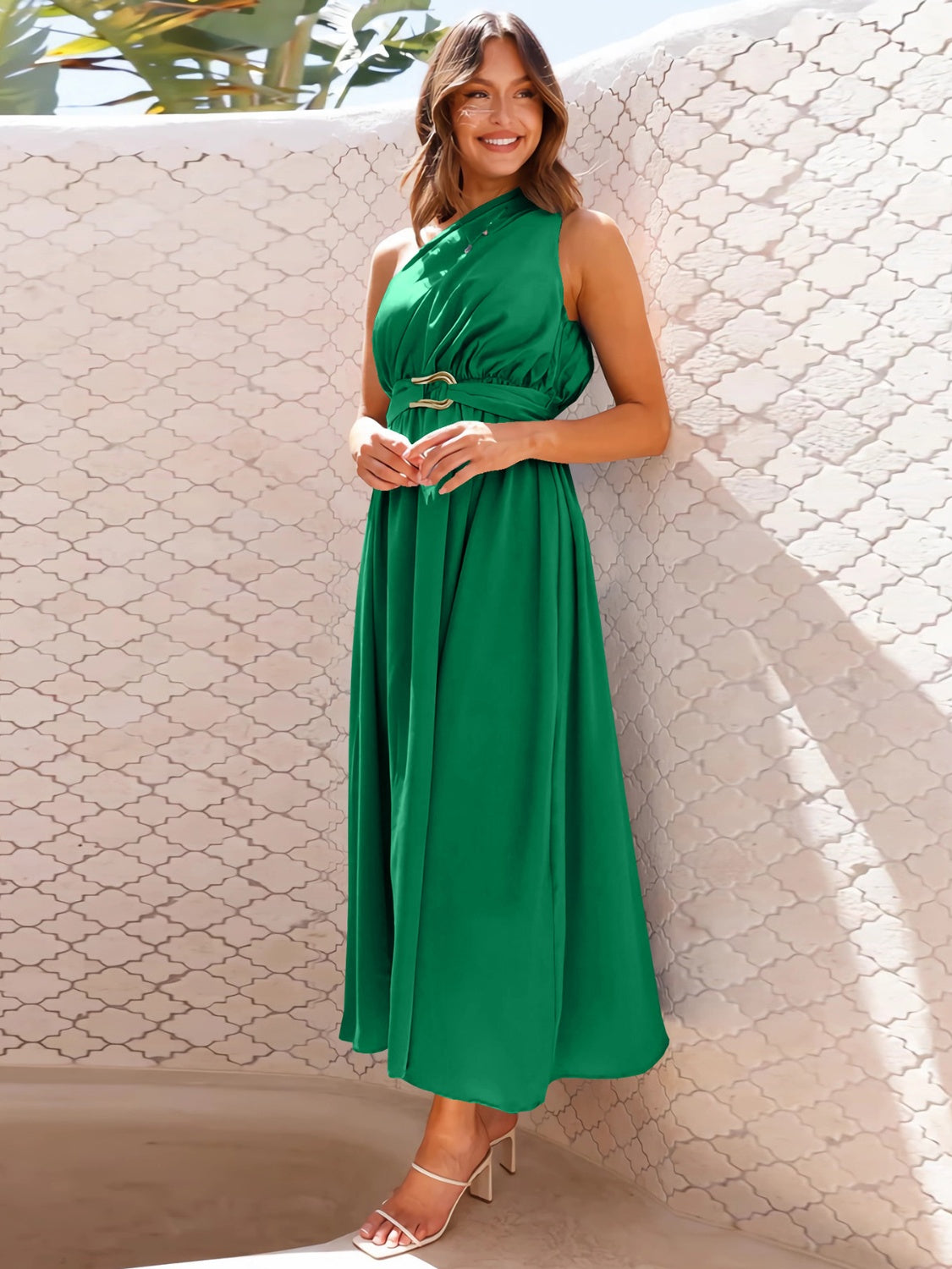 Ruched Single Shoulder Belted Midi Dress