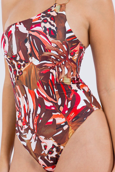 Floral Print One-shoulder One-piece Swimsuit