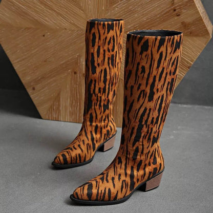 Animal Print Point Toe Low Block Heel Boots - Fashions Envy