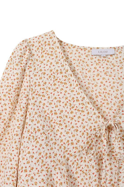 Long Puff Sleeve Floral V-Neck Blouse