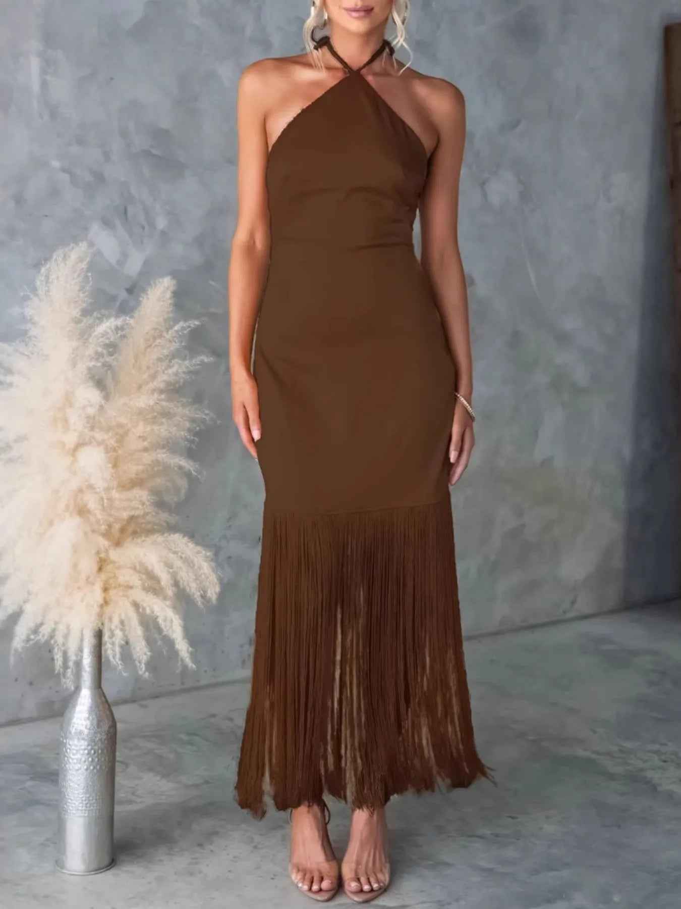 Fringe Halter Dress - Backless Bodycon Maxi Dress - Fashions Envy
