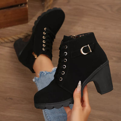 Lace Up Boots - Block High Heels - Fashions Envy