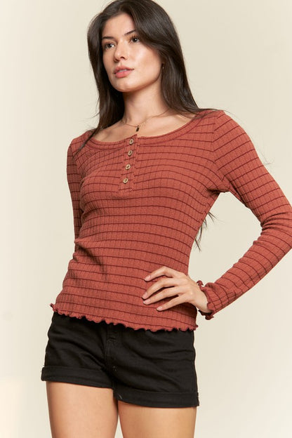 Ribbed Henley Neck Long Sleeve Basic Top