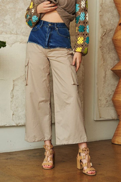 Khaki Denim Patchwork Wide Leg Pants with Cargo Pockets