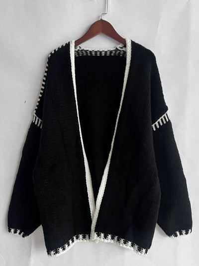 Double Take Contrast Open Front Dropped Shoulder Cardigan - Fashions Envy