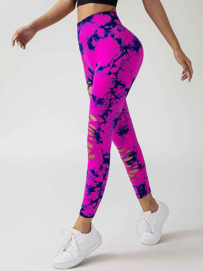 High-Waisted Yoga Leggings - Hollow-Out Tie-Dye Design