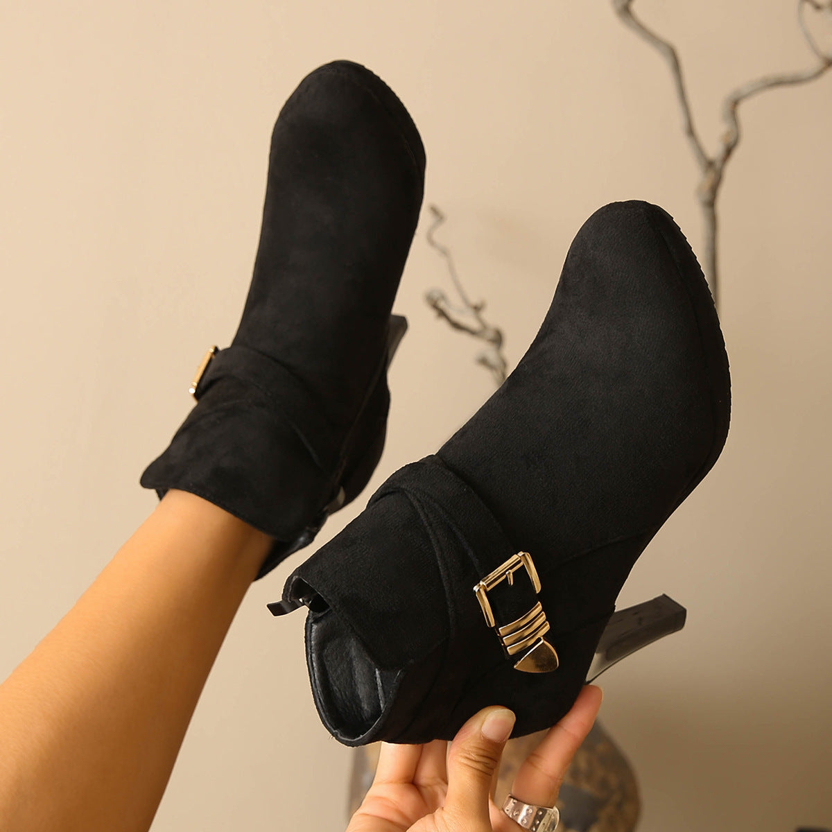 Stiletto Heel Boots - Mid-Calf Suede Style