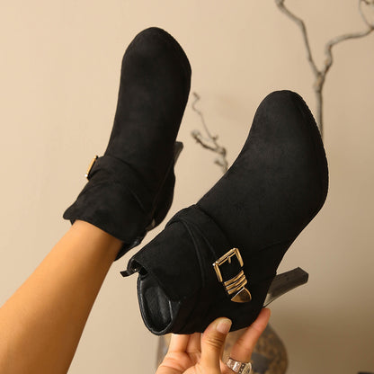 Stiletto Heel Boots - Mid-Calf Suede Style