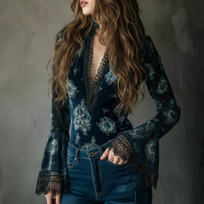 Lace Panel Blouse - Retro V-Neck Bell Sleeve Top