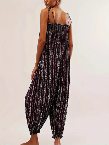 Sleeveless Flowy Vibrant Striped Jumpsuit with Lace Trim