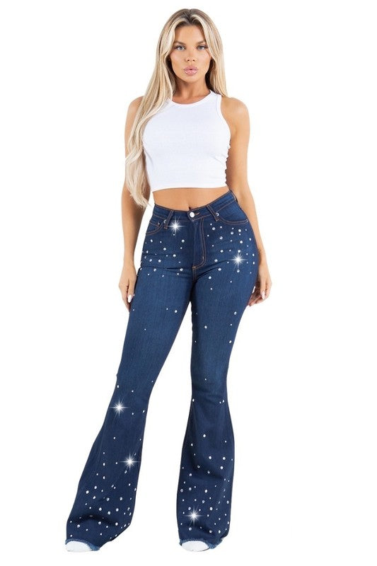 Vegas Glam Bell Bottom High Stretch Dark Jeans 30" Inseam