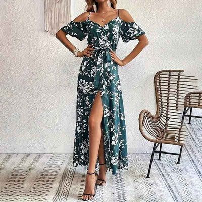 Floral Maxi Summer Dress - Cold Shoulder Split A-Line