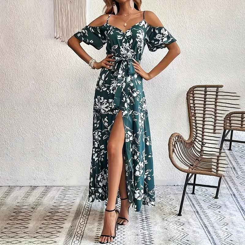 Floral Maxi Summer Dress - Cold Shoulder Split A-Line