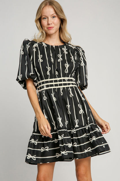 Black Ribbon Print Frill Contrast Velvet Trim Half Sleeve Dress