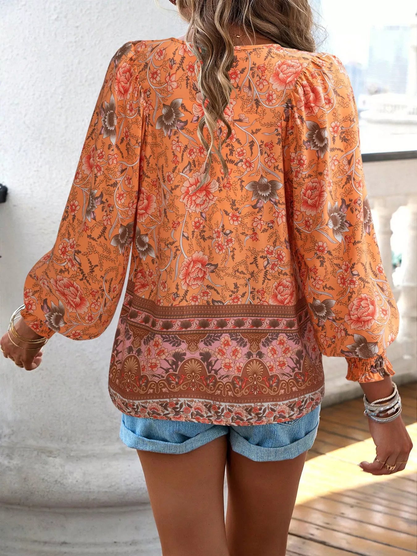 Bohemian Blouse - Floral Print Tie Neck - Fashions Envy