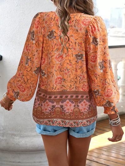 Bohemian Blouse - Floral Print Tie Neck - Fashions Envy