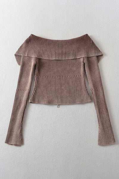 Double Take Ribbed Off-Shoulder Zip Up Long Sleeve Cardigan - Fashions Envy