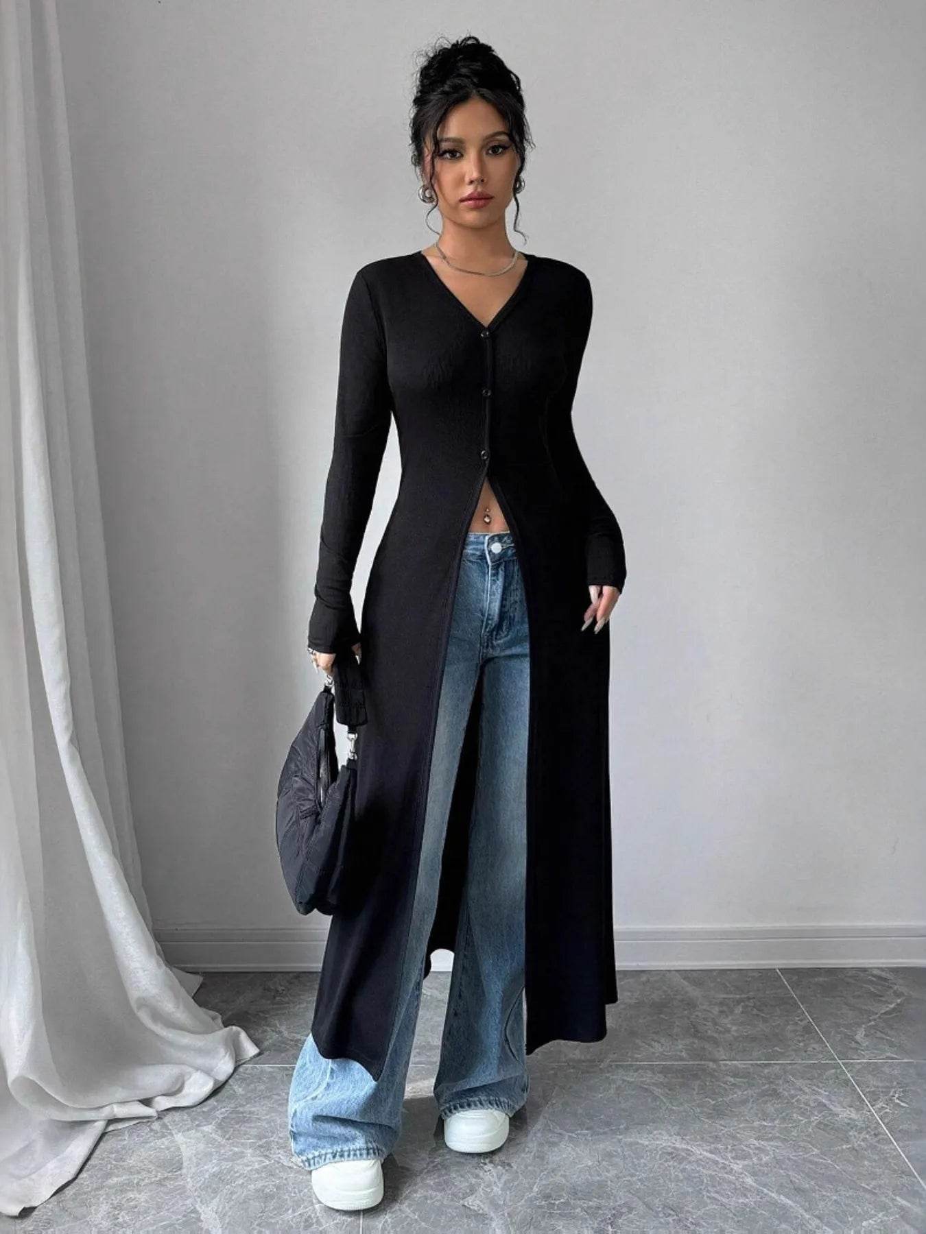 V-Neck Button-Front Longline Cardigan - Long Sweater with Slits - Fashions Envy
