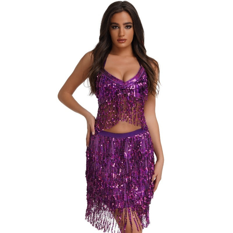 Sexy Tassel Halter Belly Dance Costume Outfit Set