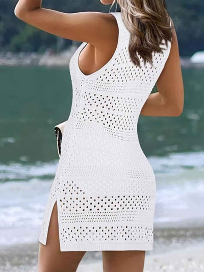 Openwork Knit Cover Up - Sleeveless Slit Beach Dress