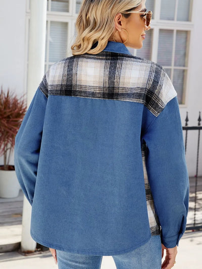 Plaid Denim Jacket - Button-Up Long Sleeve Outerwear - Fashions Envy