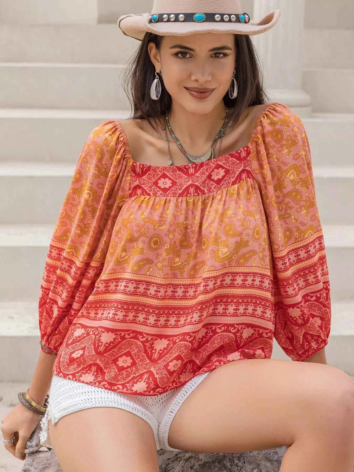 Printed Square Neck Balloon Sleeve Blouse