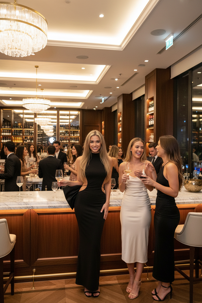 Backless bow dress wine bar lifestyle