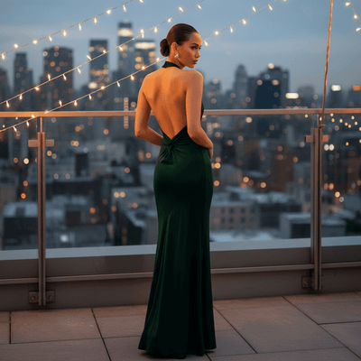 Backless Elegance - Emerald Green Back View