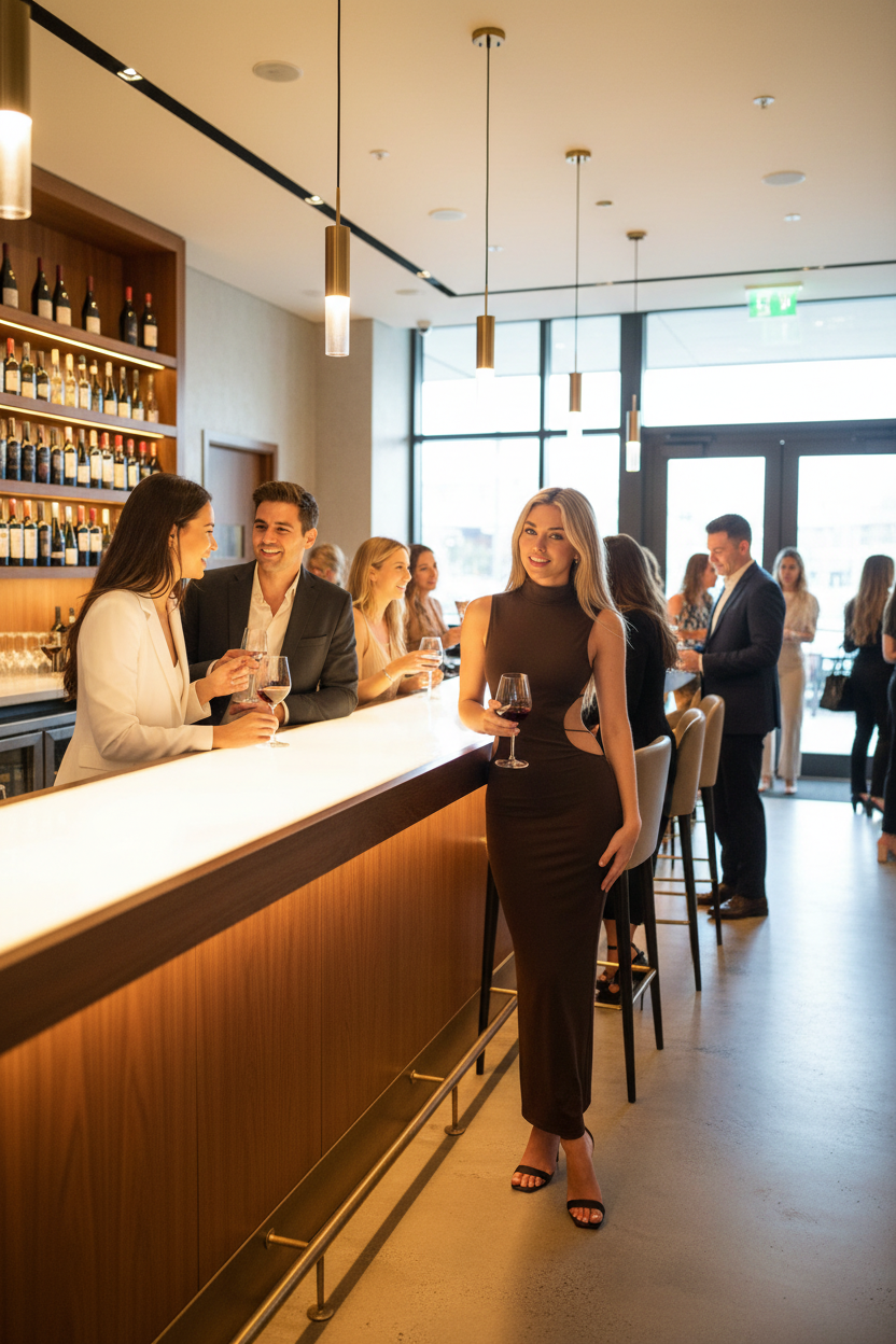 Backless maxi dress wine bar lifestyle