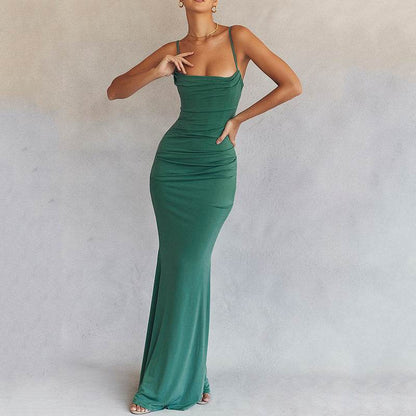 Elegant Backless Mermaid Wedding Dress in Green, featuring a fitted design and spaghetti straps