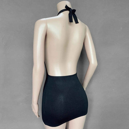 Backless Mini Dress featuring a halter neck design and sleek silhouette for a stylish look.