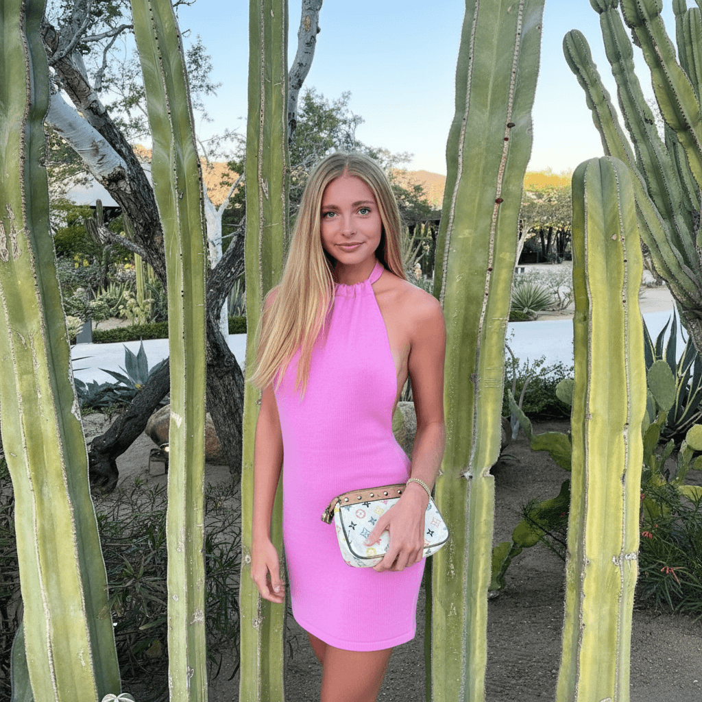 CJ Backless Mini Dress in bright pink styled with a chic handbag among cacti